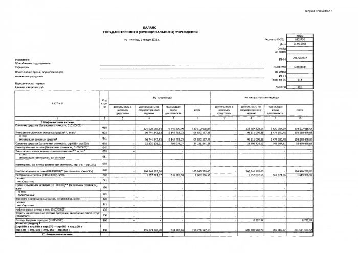 Баланс государственного учреждения ДНТ "Авангард" на 01 января 2021 года